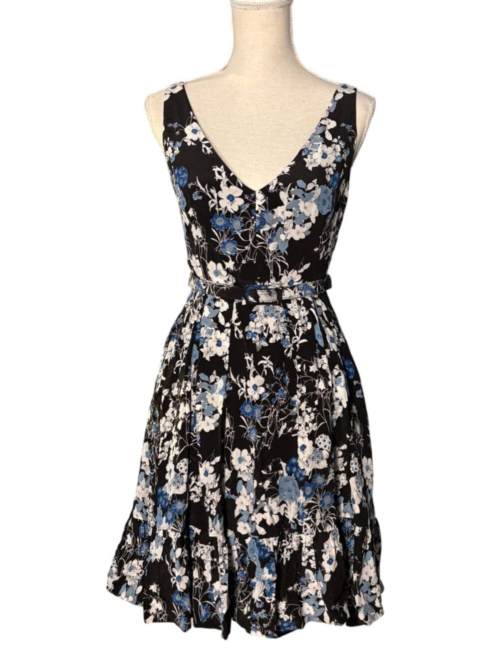 Erdem Gaby silk Dress size US 4 S small UK 8 belted black blue floral print v